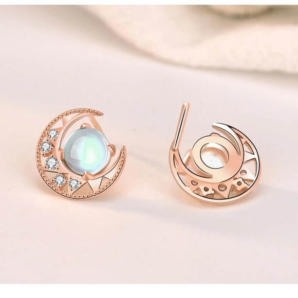 Sterling Silver Moonstone Star and Moon Stud Earri - Picture 4 of 4